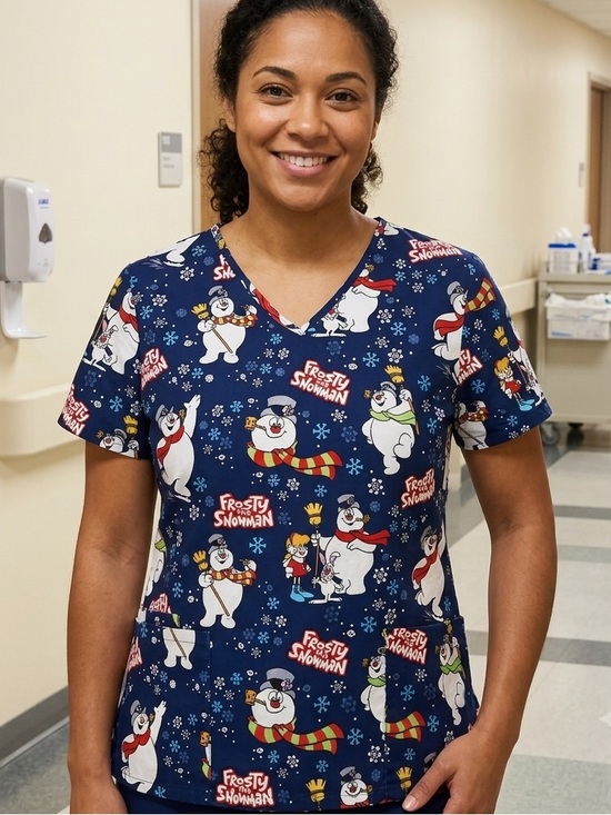 Frosty The Snowman Tops - Frosty the Snowman V-Neck Medical Scrub Top Size M Navy Blue Christmas Holiday